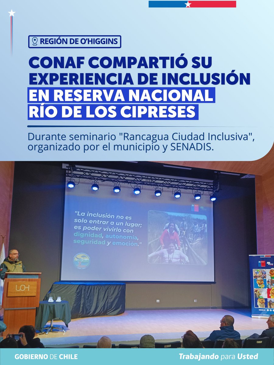 conaf_ohiggins's tweet photo. 🔵#CONAF dio a conocer sus buenas prácticas en espacios públicos inclusivos implementadas en la Reserva Nacional Río de Los Cipreses, durante el seminario "Rancagua Ciudad Inclusiva", organizado por el municipio y @senadis_gob 

👉Guardaparques compartieron su experiencia. https://t.co/5DzJe20y55