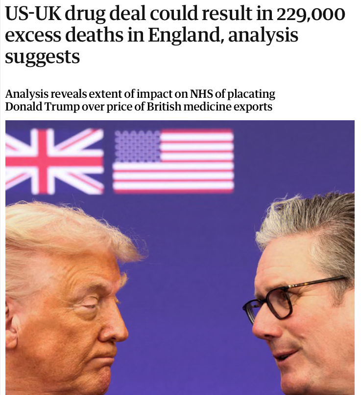Jonathan_K_Cook's tweet photo. The Starmer government is stealing £45 billion from the NHS budget for front-line services over the next 10 years – at a predicted cost of nearly 300,000 lives – to swell the profits of Big Pharma.

Austerity and death for us. Yet more windfalls for the rich. https://t.co/U4dDCHCXHz