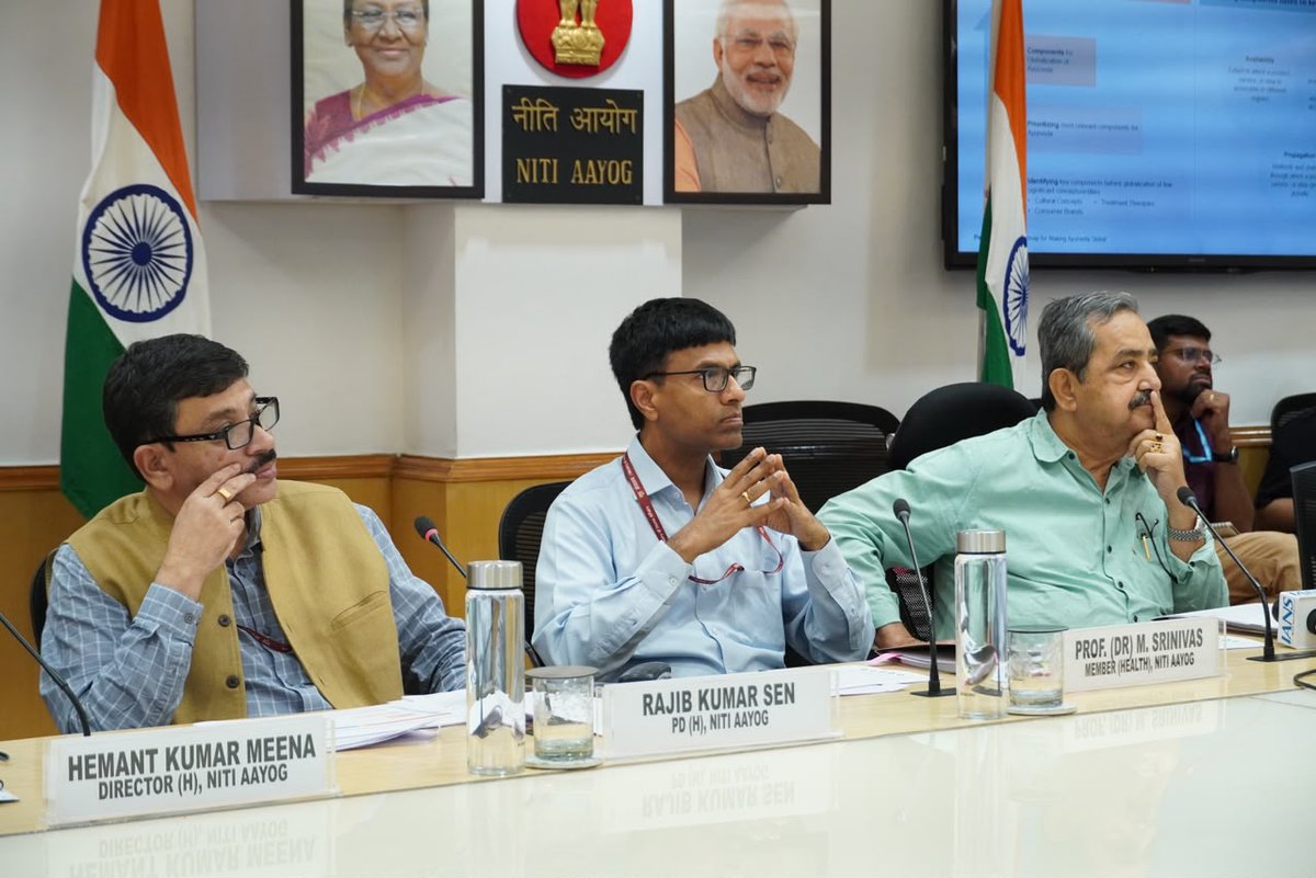 NITIAayog's tweet photo. NITI Aayog today launched the report “Strategic Roadmap for Making Ayurveda Global”. The report was released by Dr. Ashok Kumar Lahiri, Vice Chairman, NITI Aayog, in the presence of Prof. (Dr.) M. Srinivas, Member, NITI Aayog; Vaidya Rajesh Kotecha, Secretary, Ministry of Ayush; and senior officials from NITI Aayog, the Ministry of Ayush, the Ministry of External Affairs, government bodies, PwC, research councils, and industry associations.

The report presents a comprehensive assessment of Ayurveda’s global footprint and outlines a phased roadmap for strengthening its global presence. Built on the pillars of Availability, Acceptability, and Propagation, it identifies key policy priorities to advance global practice, research, education, exports, regulatory alignment, and international collaborations.

Aligned with the vision of Viksit Bharat 2047 and One Earth, One Health, the report marks an important step towards positioning India as a global leader in traditional medicine while unlocking Ayurveda’s health and economic potential.

Read the report: https://t.co/UbdhAZocl9

#Ayurveda #TraditionalMedicine 

@PMOIndia @narendramodi @Rao_InderjitS @MIB_India @PIB_India @DDNewslive @ashoklahiribjp