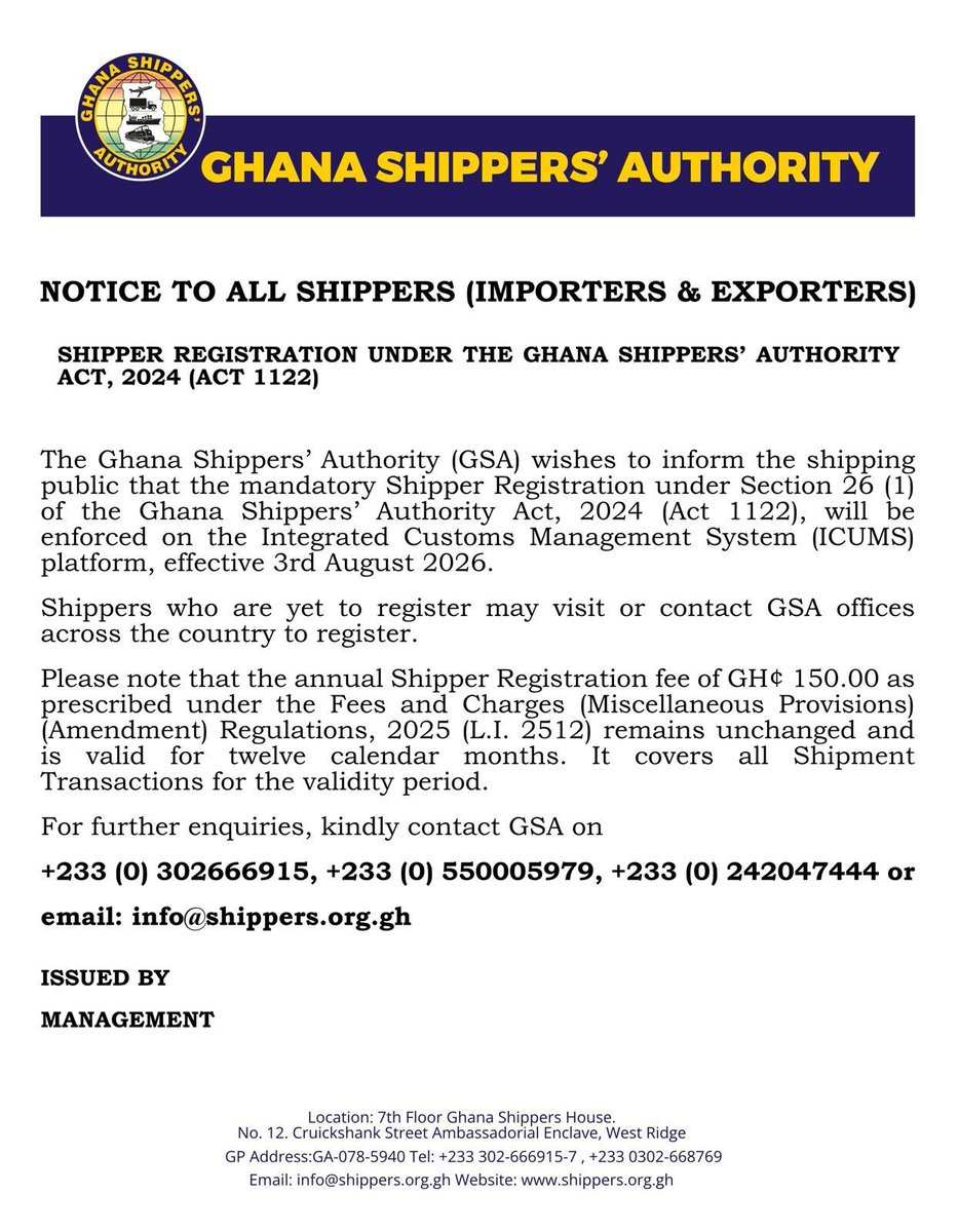 shippersgh's tweet photo. Notice to Importers and Exporters !!!
#TransitTrade #ShipperCommittees #Importers #ShipperRegistration #Exporters #export #ghanashippersauthority https://t.co/9FE4l8T2t5