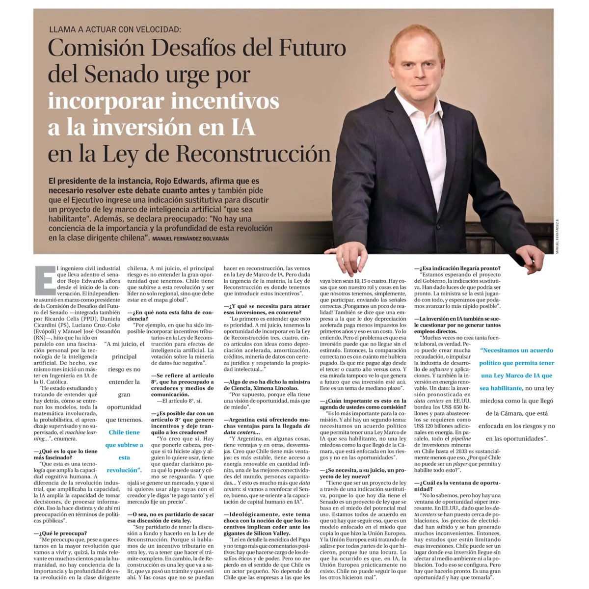 RojoEdwards's tweet photo. Chile tiene que subirse al carro de la revolución de la inteligencia artificial. 

Tenemos ventajas comparativas importantes en conectividad, energías renovables, espacio..

Desde lo legislativo, debemos avanzar en una Ley Marco de IA habilitante y de incentivos tributarios en Reconstrucción, entre otros.

¡El país debe despertar!