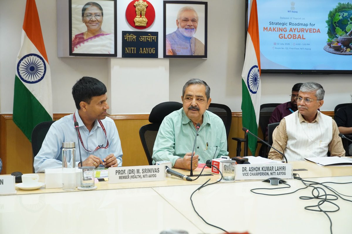 NITIAayog's tweet photo. NITI Aayog today launched the report “Strategic Roadmap for Making Ayurveda Global”. The report was released by Dr. Ashok Kumar Lahiri, Vice Chairman, NITI Aayog, in the presence of Prof. (Dr.) M. Srinivas, Member, NITI Aayog; Vaidya Rajesh Kotecha, Secretary, Ministry of Ayush; and senior officials from NITI Aayog, the Ministry of Ayush, the Ministry of External Affairs, government bodies, PwC, research councils, and industry associations.

The report presents a comprehensive assessment of Ayurveda’s global footprint and outlines a phased roadmap for strengthening its global presence. Built on the pillars of Availability, Acceptability, and Propagation, it identifies key policy priorities to advance global practice, research, education, exports, regulatory alignment, and international collaborations.

Aligned with the vision of Viksit Bharat 2047 and One Earth, One Health, the report marks an important step towards positioning India as a global leader in traditional medicine while unlocking Ayurveda’s health and economic potential.

Read the report: https://t.co/UbdhAZocl9

#Ayurveda #TraditionalMedicine 

@PMOIndia @narendramodi @Rao_InderjitS @MIB_India @PIB_India @DDNewslive @ashoklahiribjp