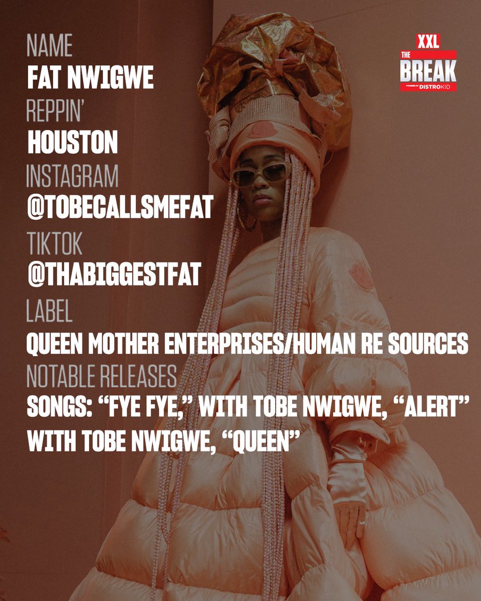 XXL's tweet photo. 🆕 THE BREAK 🆕

Fat Nwigwe is ushering in her Queen Mother era. The Houston rapper is stepping out on her own after spending years as a magnetic presence featured in her husband Tobe Nwigwe’s artistry. She pairs commanding delivery with dynamic production showcased on songs like “Fye Fye” and her debut single “Queen.”

Powered by @DistroKid