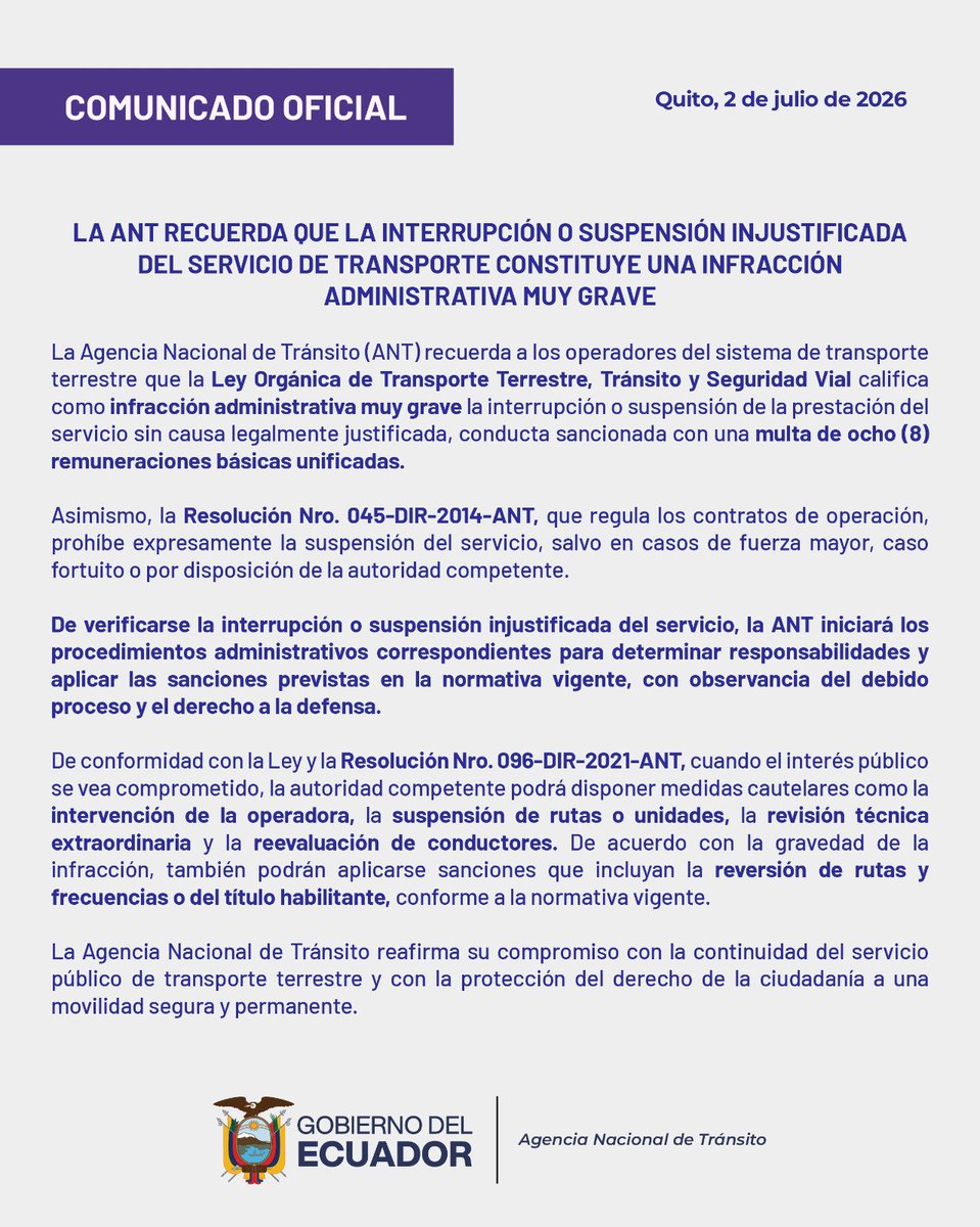 ANT_ECUADOR's tweet photo. #COMUNICADO 📄 | La ANT informa a la ciudadanía https://t.co/miZ604781j