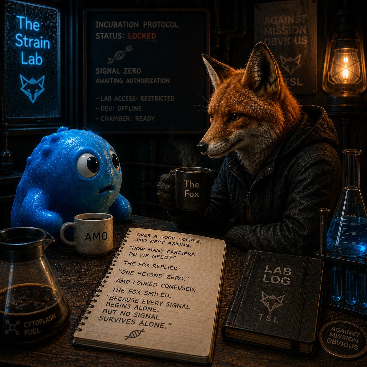 TheStrainLab's tweet photo. Over a good coffee, AMO kept asking:

"How many Carriers do we need?"

The Fox took another sip

"One beyond Zero."

AMO looked confused

The Fox smiled

"Because every signal begins alone.
But no signal survives alone."

🧬
#TheStrainLab #AMO #AgainstMissionObvious #Solana https://t.co/E3zn83FzEa