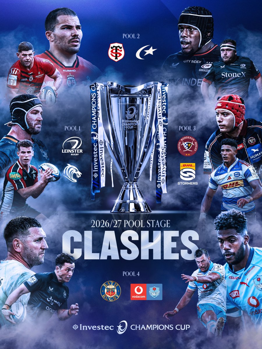 ChampionsCup's tweet photo. Rivalries reignited and all-star showdowns 😮‍💨

The pool draw certainly didn't disappoint, and the Road to Lyon is on 🔥

Tickets for the Finals are going fast... book yours now 🔗 https://t.co/o4VsXw6BL5

#InvestecChampionsCup https://t.co/qQvABtH7E7