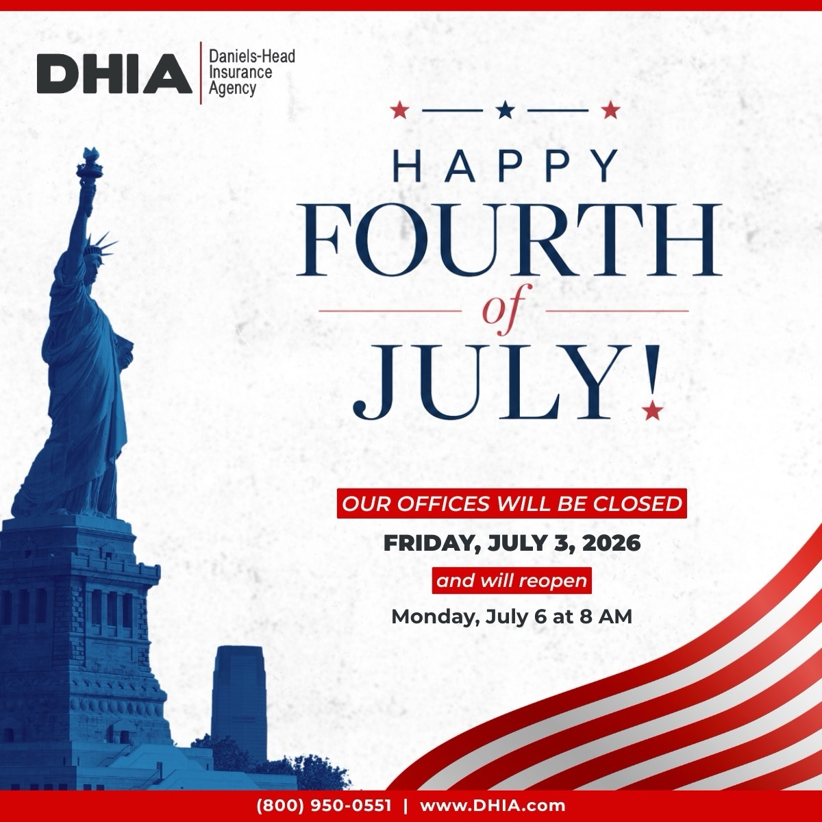 daniels_head's tweet photo. Happy 4th of July from all of us at DHIA. We wish you and your family a safe and enjoyable Independence Day. Our offices will be closed Friday, July 3, and will reopen Monday, July 6 at 8:00 a.m. local time.
 
#July4th #IndependenceDay #Lawyers #LawFirms #Insurance https://t.co/FltO08NtK0