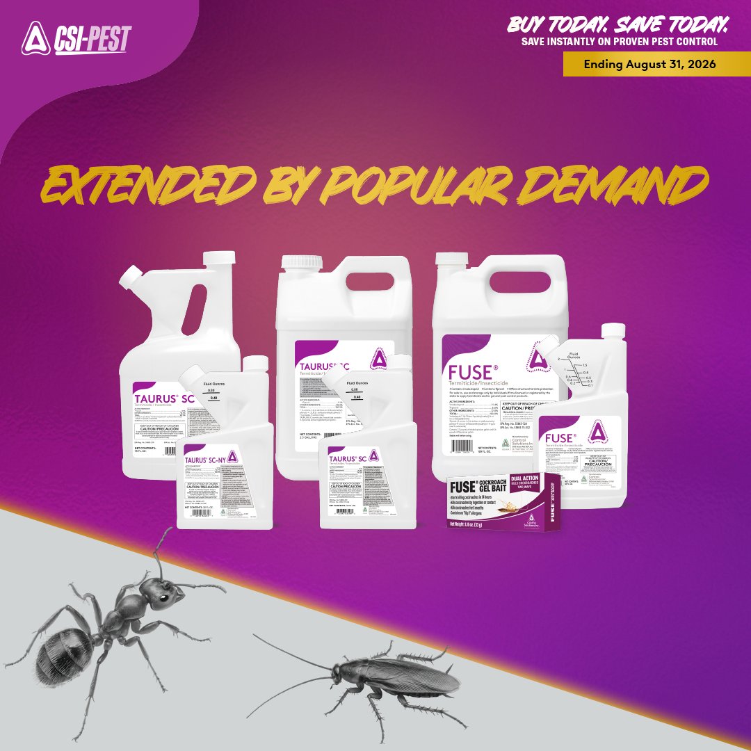 csi_pest's tweet photo. Extended by Popular Demand. You asked. We delivered.
The Taurus SC, FUSE, and FUSE Cockroach Gel Bait promotion has been extended through August 31.
Continue saving here.
π
https://t.co/kGXkThqad3
#CSIPest #TaurusSC #FuseInsecticide #PestControl https://t.co/ZRFiBULI6J