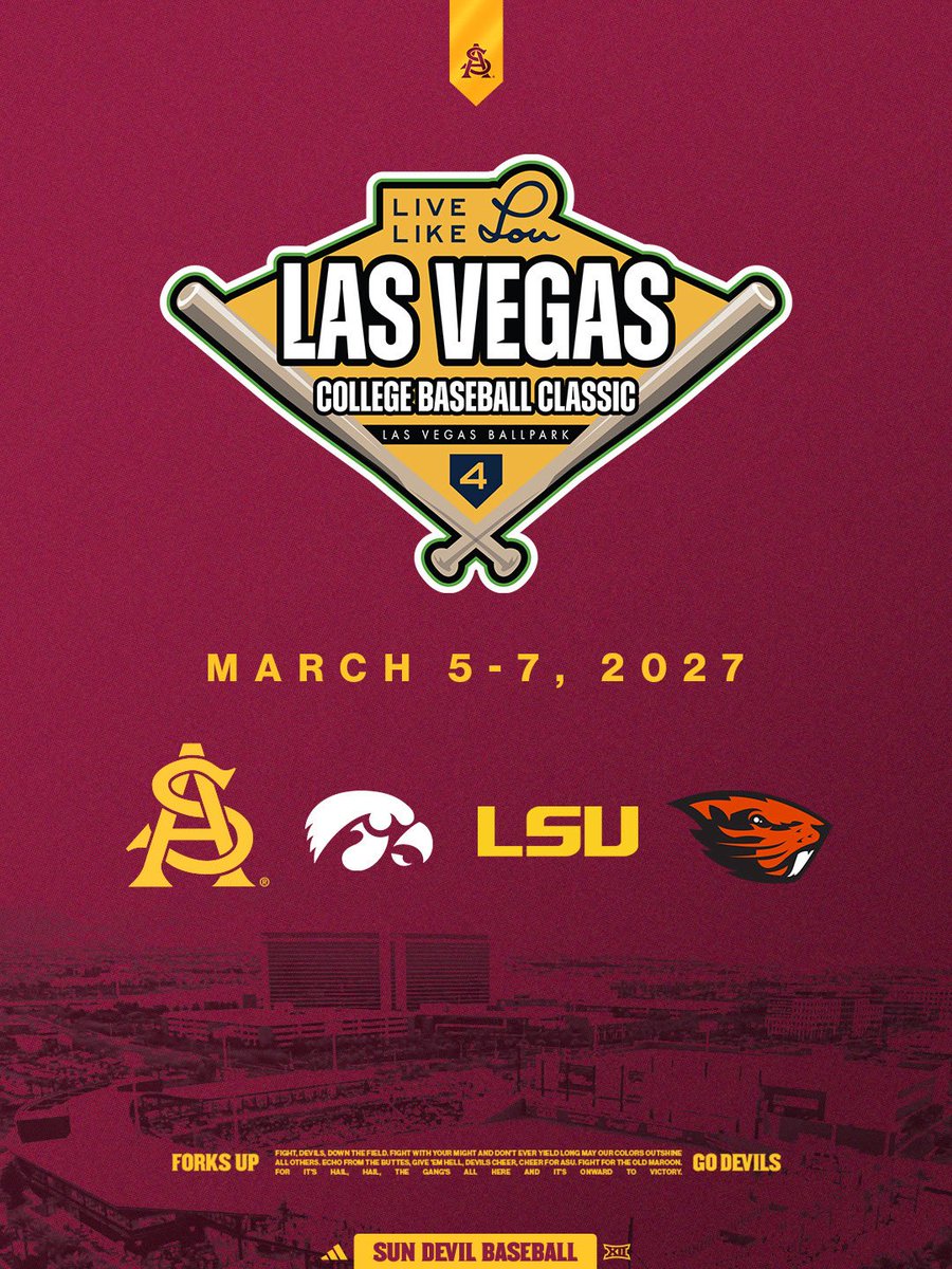 ASU_Baseball's tweet photo. The Sun Devils are heading to Las Vegas for the Live Like Lou Las Vegas College Baseball Classic 😈 https://t.co/goJbBJ7cHb