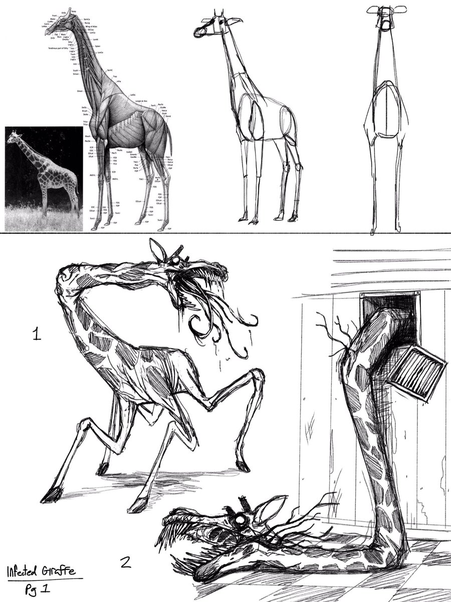 leovincible's tweet photo. Early Zoochosis game (Giraffe) concept art. 
The approach what I was imagining was that the neck of the Giraffe would act like a snake like creature. Twisting and coiling and going through air vents in tunnels or the labs. https://t.co/bZMVKKEjp0