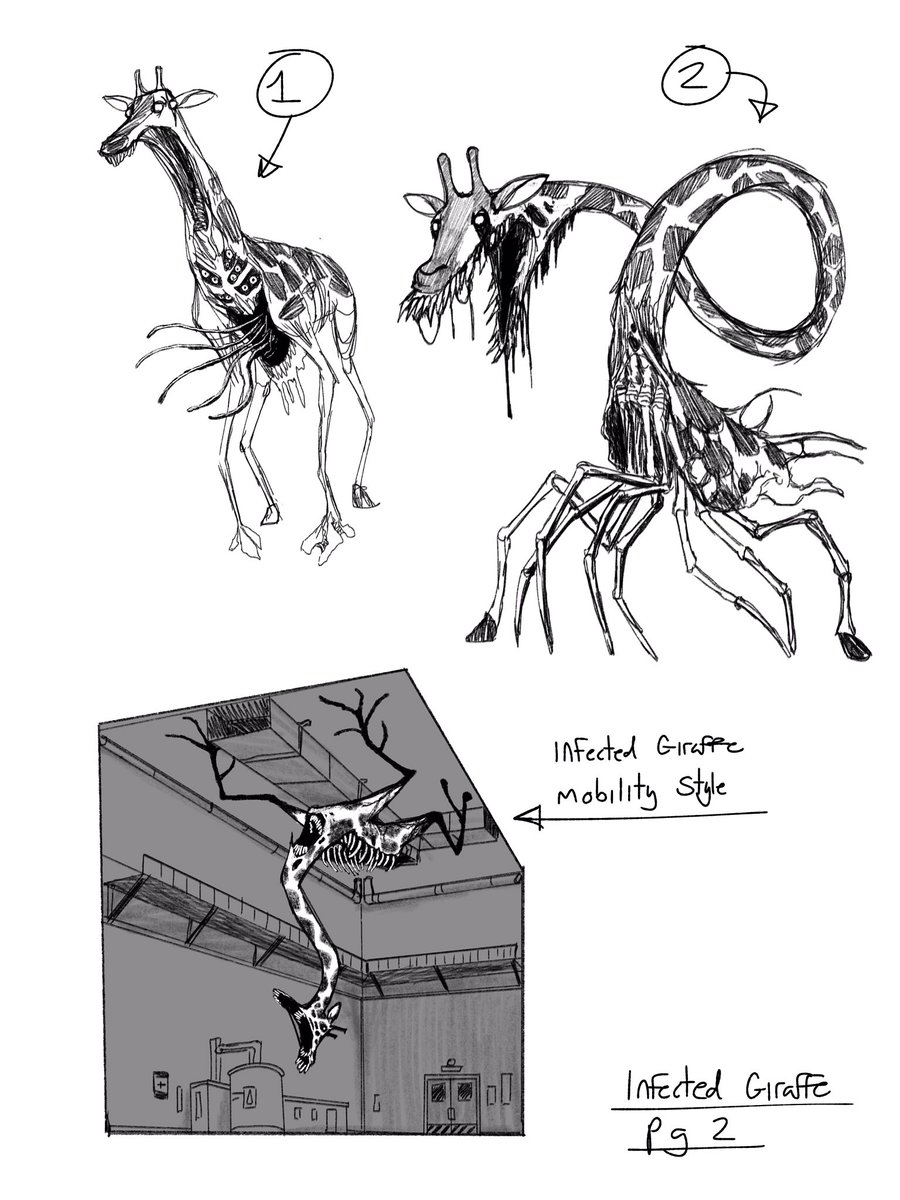 leovincible's tweet photo. Early Zoochosis game (Giraffe) concept art. 
The approach what I was imagining was that the neck of the Giraffe would act like a snake like creature. Twisting and coiling and going through air vents in tunnels or the labs. https://t.co/bZMVKKEjp0