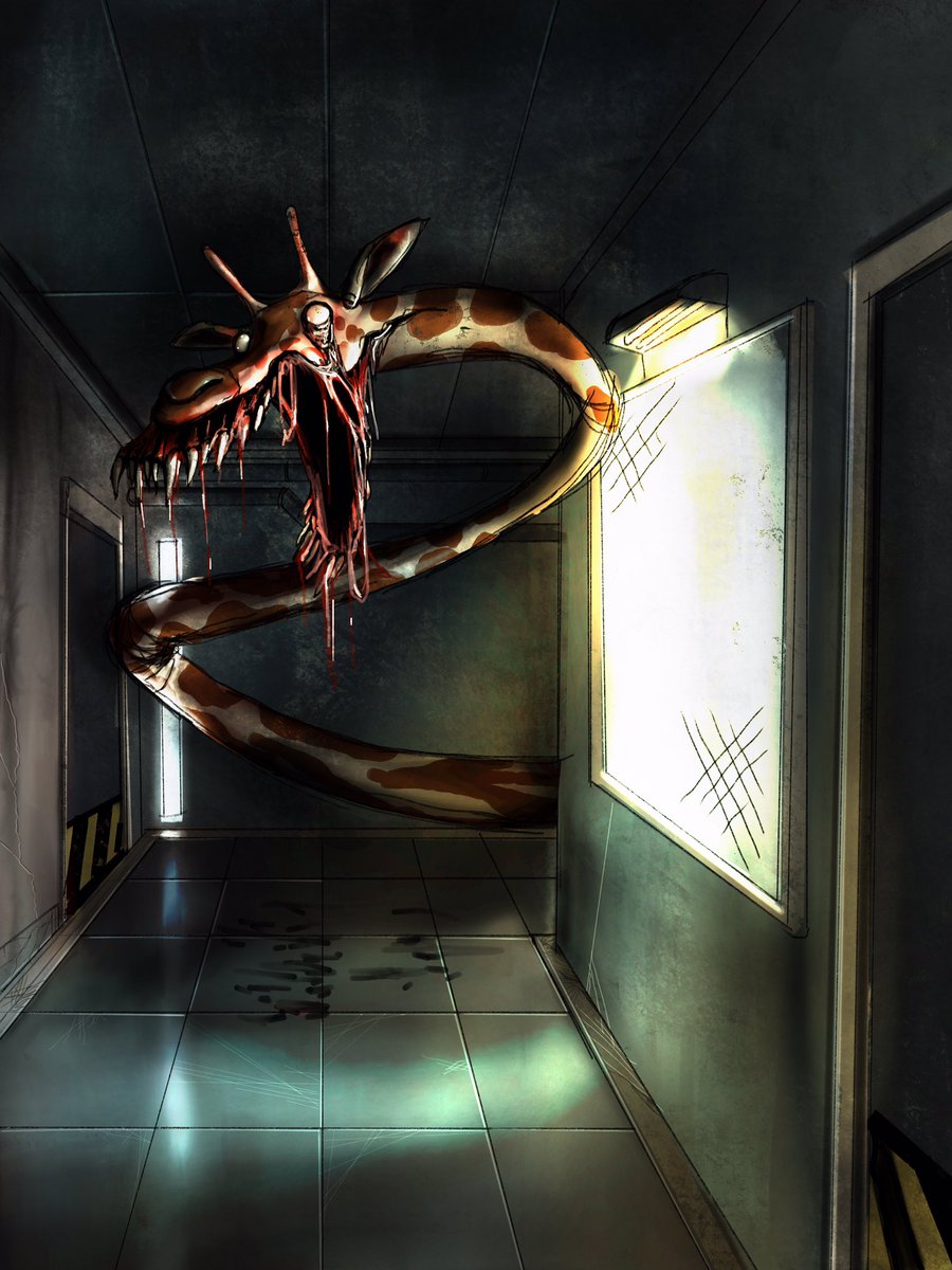 leovincible's tweet photo. Early Zoochosis game (Giraffe) concept art. 
The approach what I was imagining was that the neck of the Giraffe would act like a snake like creature. Twisting and coiling and going through air vents in tunnels or the labs. https://t.co/bZMVKKEjp0