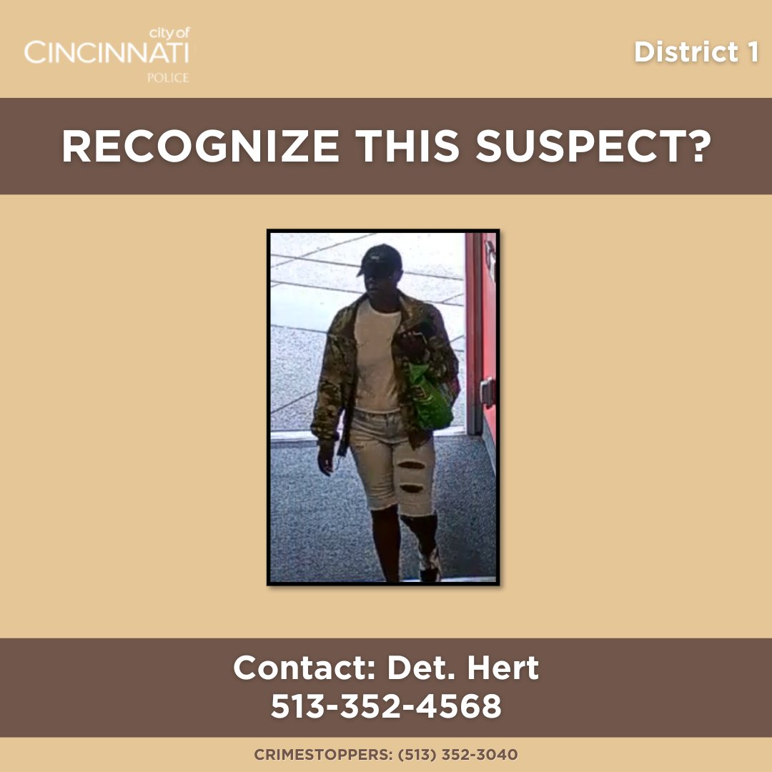 CincyPD's tweet photo. D1 is investigating a Theft Offense that occurred at 235 Calhoun St. (Target) on June 26th. The pictured suspect placed items in her personal bag and left the store without paying. Contact Det. Hert at 513-352-4568 with any information. https://t.co/x6XMYzVLo0