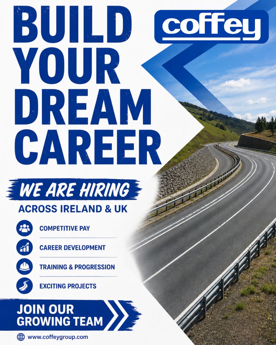 CoffeyGroup's tweet photo. Building careers that shape the future.
At Coffey, teams deliver vital infrastructure across Ireland &amp; the UK; water, energy, transport &amp; civil engineering.
Grow your career with purpose: https://t.co/aZncRsVV89 
#Coffey #EngineeringJobs #NowHiring https://t.co/OS68ScaGPZ