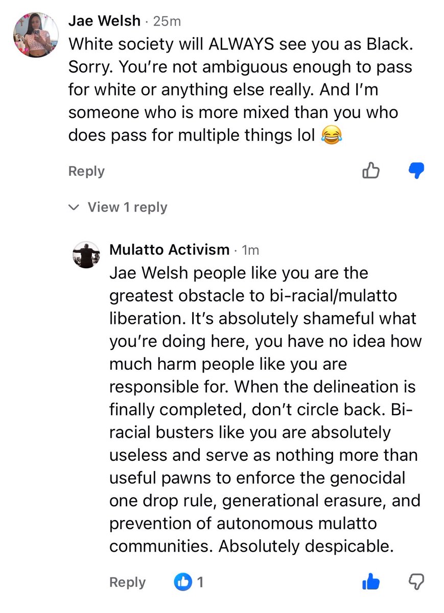 MulattoActivist's tweet photo. It’s 2026, and we still have bi-racials like this clown enforcing the genocidal one drop rule and black/white racial hegemony. 

They contribute nothing to the cause, actively prevent mulatto liberation, maintain an archaic racial binary, block us from being ourselves fully, freely, and securely, and are effectively complicit in an attempted genocide.

At the end of the day, when we create a spot for us and dismantle this system of generational erasure, don’t come circling back. 

We’re keeping receipts.

#StayOnThatSide #Mulatto #EndTheODR