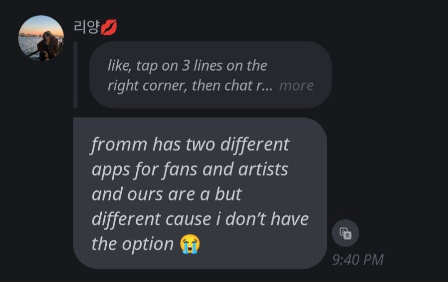 tiger_xin_news's tweet photo. #update #fromm(01.07.26)~

🩷~ like, tap on 3 lines on the right corner, then chat room wallpaper settings and there it is

🐯~ fromm has two different apps for fans and artists and ours are a but different cause i don't have the option 😭

#XIN #ARIA https://t.co/j25pZmBlgm