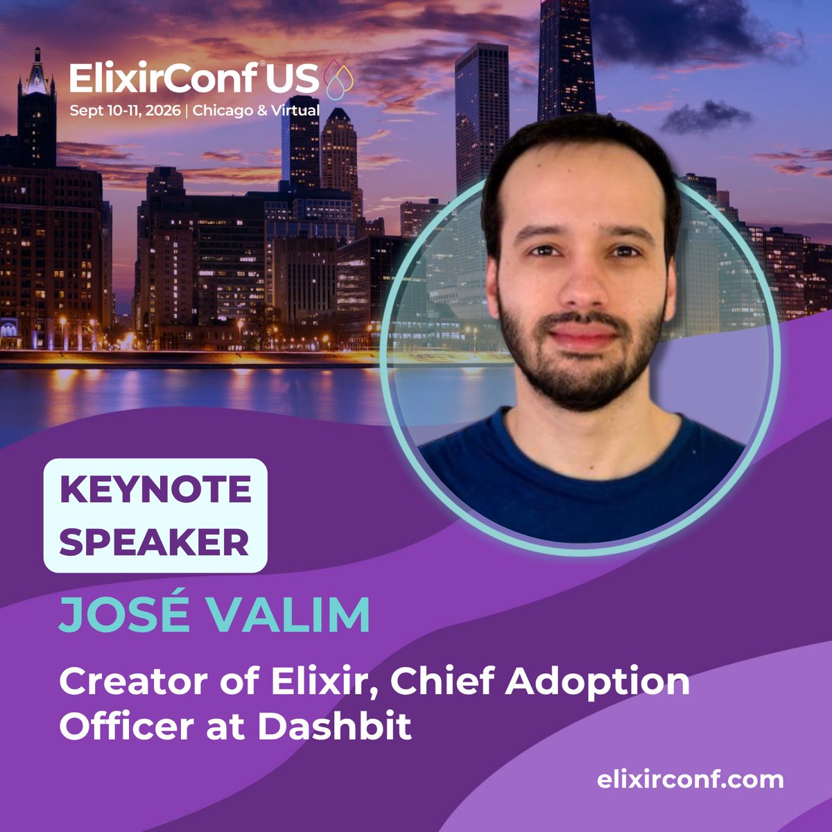 ElixirConf's tweet photo. Thrilled to announce José Valim as a Keynote Speaker for ElixirConf US 2026!

As the Creator of #Elixir and Chief Adoption Officer at Dashbit, José continues to shape the ecosystem through sustainable open source.

Catch his keynote! https://t.co/ebLi117dUZ https://t.co/TDqK0gWcQb
