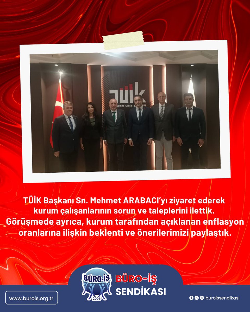buroissendikasi's tweet photo. TÜİK Başkanı Sn. Mehmet ARABACI’yı ziyaret ederek kurum çalışanlarının sorun ve taleplerini ilettik. Görüşmede ayrıca, kurum tarafından açıklanan enflasyon oranlarına ilişkin beklenti ve önerilerimizi paylaştık.

#tüik #büroiş #memur https://t.co/bzkieOTStw