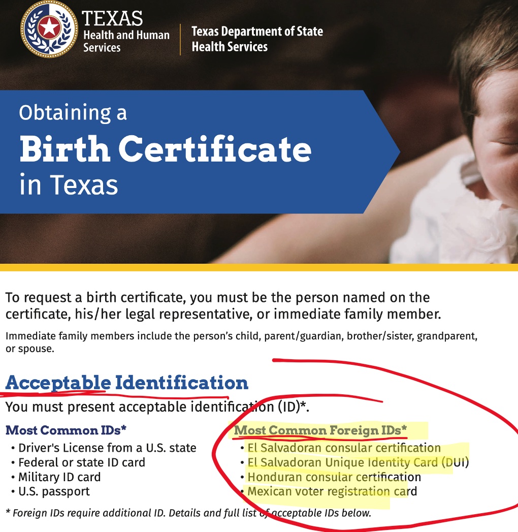 brianeharrison's tweet photo. 🚨TEXAS GIVING BIRTH CERTIFICATES TO ILLEGALS!  

According to TEXAS GOVERNMENT website... if an illegal has a Mexican voter registration card and a Foreign ID with identifiable photo... then Texas TAXPAYERS are being forced to give illegals birth certificates!

And apparently, the "most common foreign IDs" to get a TEXAS BIRTH CERTIFICATE are: "El Salvadoran consular certificate," "El Salvadoran Identity Card," "Honduran Consular Certificate," and "Mexican voter registration."

This is insane, especially after SCOTUS' Birthright Citizenship ruling!

We must have a special session NOW to stop issuing birth certificates to illegals!!

Read it for yourself: https://t.co/b2LP7bZaRz
