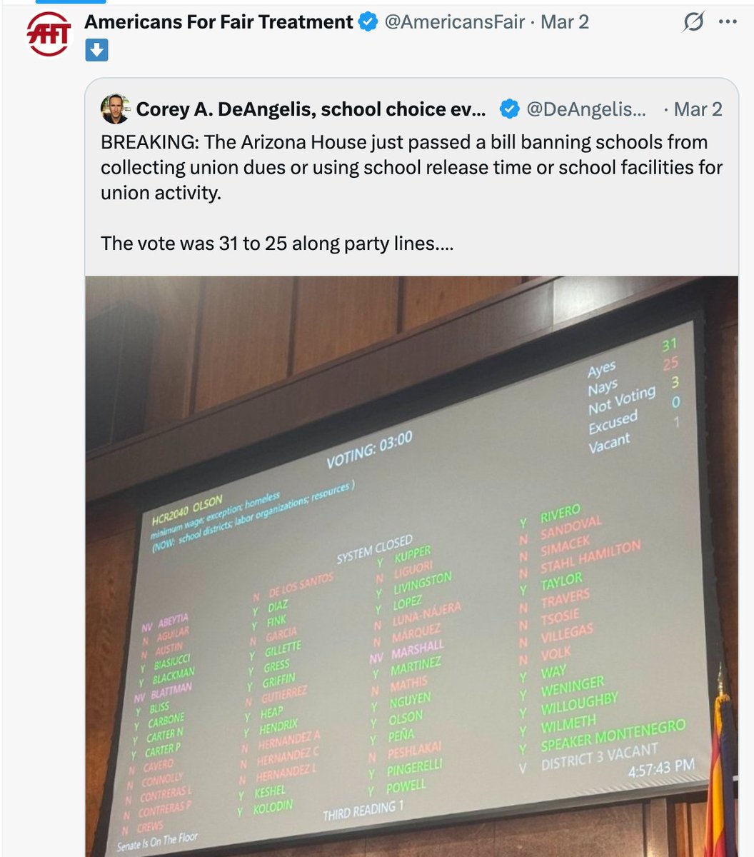 KelliButlerAZ's tweet photo. Here's Rep/Lobbyist Matt Gress' coworker Corey and their employer @AmericansFair celebrating after HCR2040 passed the House. HCR2040 was a policy priority for his employer and Matt Gress used his position as Chair of the House Education Committee to advance his employers' mission https://t.co/0bcE6Fztqp