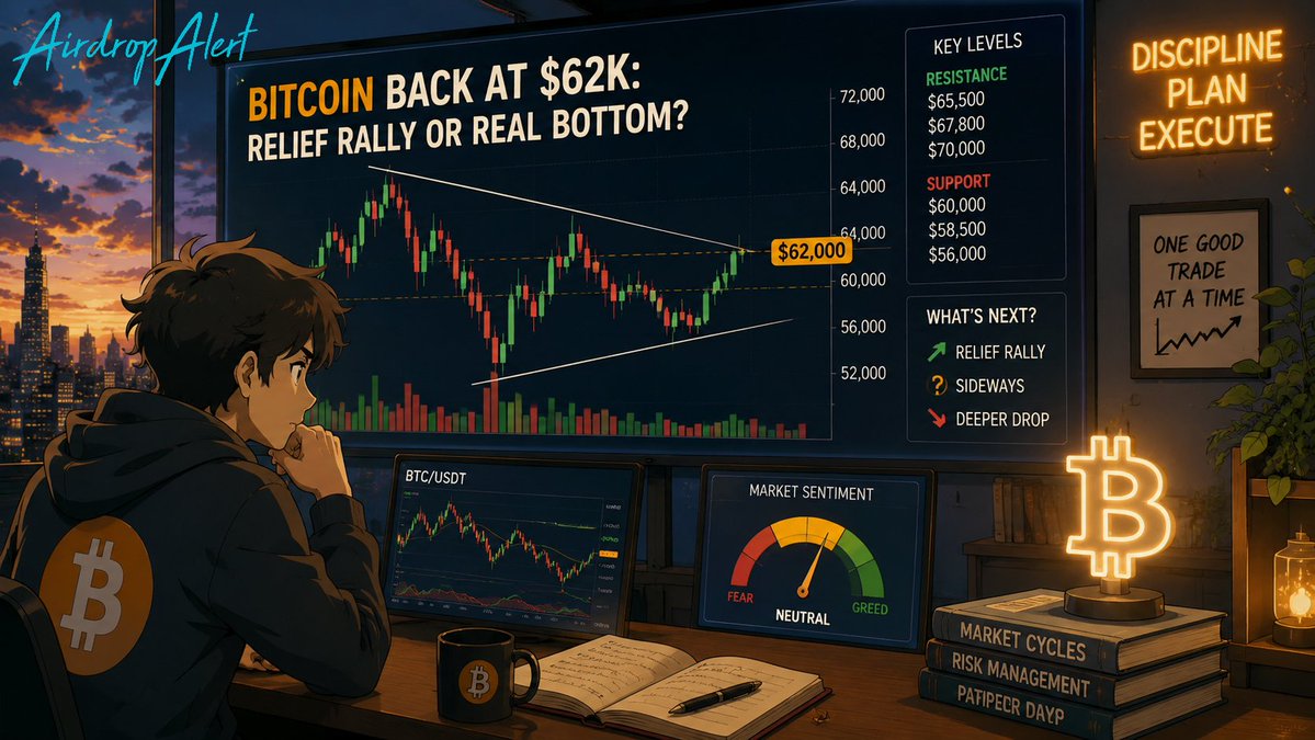 Airdropalertcom's tweet photo. June was Bitcoin's worst month in 4 years. Then the Fed blinked, jobs data flopped, and $BTC ripped 4% back to 62K. 

Dead cat or real bottom? The levels that decide it 👇 https://t.co/T9N9UydWxi https://t.co/euJyCOCjTc