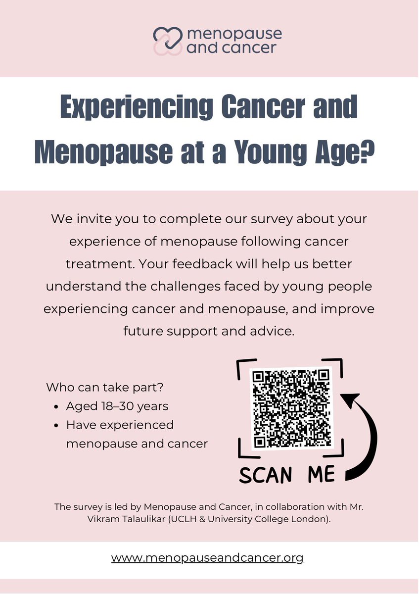 VikramSinai's tweet photo. Here is a survey from Menopause and Cancer CIC (not-for-profit) designed to gather insights from individuals (age 18-30) who have experienced both menopause and cancer with the aim to better understand the unique challenges faced by this community and to use these findings to enhance the support available for those affected. 

All responses are completely anonymous. You must be aged 18-30 years old to take part in this survey. If you have any questions, comments, or concerns, please contact - info@menopauseandcancer.org.
Please participate in the survey if you can or share with those who may be interested. Thank you for contributing to this research 🙏🏼.

Click to fill in or scan the QR code -
https://t.co/YIGm1JOIL6