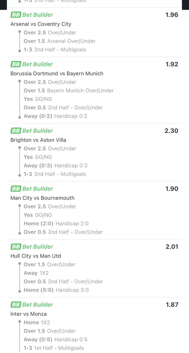 17predict's tweet photo. REMEMBER ME WHEN E BOOM 🤯 

🇪🇸 Atletico Madrid vs Malaga CF
✅ Over 2.5 Goals
✅ Atletico Madrid Over 1.5 Goals
✅ Malaga CF +4 Handicap (Away 0:4)
✅ Over 0.5 2nd Half Goals

Odds: 2.27

⸻

🇪🇸 Barcelona vs Athletic Bilbao
✅ Over 2.5 Goals
✅ Barcelona Over 1.5 Goals
✅ Athletic Bilbao +4 Handicap (Away 0:4)
✅ Barcelona to Win Either Half – Yes
✅ Over 0.5 2nd Half Goals

Odds: 2.17

⸻

🇪🇸 Racing Santander vs Villarreal
✅ Villarreal Over 0.5 Goals
✅ Over 1.5 Goals
✅ 1–3 Goals in 2nd Half (Multigoals)
✅ Racing Santander +3 Handicap (Home 3:0)

Odds: 1.82

⸻

🇪🇸 Real Madrid vs Real Sociedad
✅ Over 2.5 Goals
✅ Real Madrid Over 1.5 Goals
✅ Real Sociedad +5 Handicap (Away 0:5)
✅ 1–3 Goals in 1st Half (Multigoals)
✅ 1–3 Goals in 2nd Half (Multigoals)

Odds: 2.42

⸻

🏴 Arsenal vs Coventry City
✅ Over 2.5 Goals
✅ Arsenal Over 1.5 Goals
✅ 1–3 Goals in 2nd Half (Multigoals)

Odds: 1.96

⸻

🇩🇪 Borussia Dortmund vs Bayern Munich
✅ Over 2.5 Goals
✅ Bayern Munich Over 1.5 Goals
✅ GG (Both Teams to Score) – Yes
✅ Over 0.5 2nd Half Goals
✅ Bayern Munich +2 Handicap (Away 0:2)

Odds: 1.92

⸻

🏴 Brighton vs Aston Villa
✅ Over 2.5 Goals
✅ GG (Both Teams to Score) – Yes
✅ Aston Villa +3 Handicap (Away 0:3)
✅ 1–3 Goals in 2nd Half (Multigoals)

Odds: 2.30

⸻

🏴 Manchester City vs Bournemouth
✅ Over 2.5 Goals
✅ GG (Both Teams to Score) – Yes
✅ Manchester City +2 Handicap (Home 2:0)
✅ Over 0.5 2nd Half Goals

Odds: 1.90

⸻

🏴 Hull City vs Manchester United
✅ Over 1.5 Goals
✅ Manchester United to Win (Away)
✅ Over 0.5 2nd Half Goals
✅ Hull City +5 Handicap (Home 5:0)

Odds: 2.01

⸻

🇮🇹 Inter Milan vs Monza
✅ Inter Milan to Win (Home)
✅ Over 1.5 Goals
✅ Monza +5 Handicap (Away 0:5)
✅ 1–3 Goals in 1st Half (Multigoals)

Odds: 1.87

> 6W3G3Z
