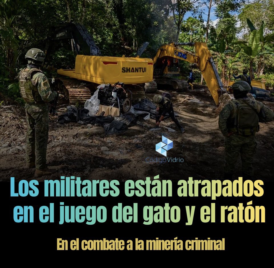 CodigoVidrioEc's tweet photo. El Ejército intenta contener el  avance sistemático de la minería criminal en condiciones cada vez más adversas. Los carteles y sus bandas, asociadas con mafias mineras locales, cuentan con importantes aliados en los organismos de control, perforados por la corrupción. La Arcom es el centro de gravedad. La ausencia de acciones efectivas gubernamentales tienen atados de manos a los militares, que están saturados e impotentes, por la ausencia de intervenciones de otras instituciones y autoridades, especialmente jueces y fiscales. Impera la impunidad. Esa cadena de repercusiones se detalla en este reportaje publicado por el medio británico @thetimes. 
🔎https://t.co/CIHO4Am9Z1