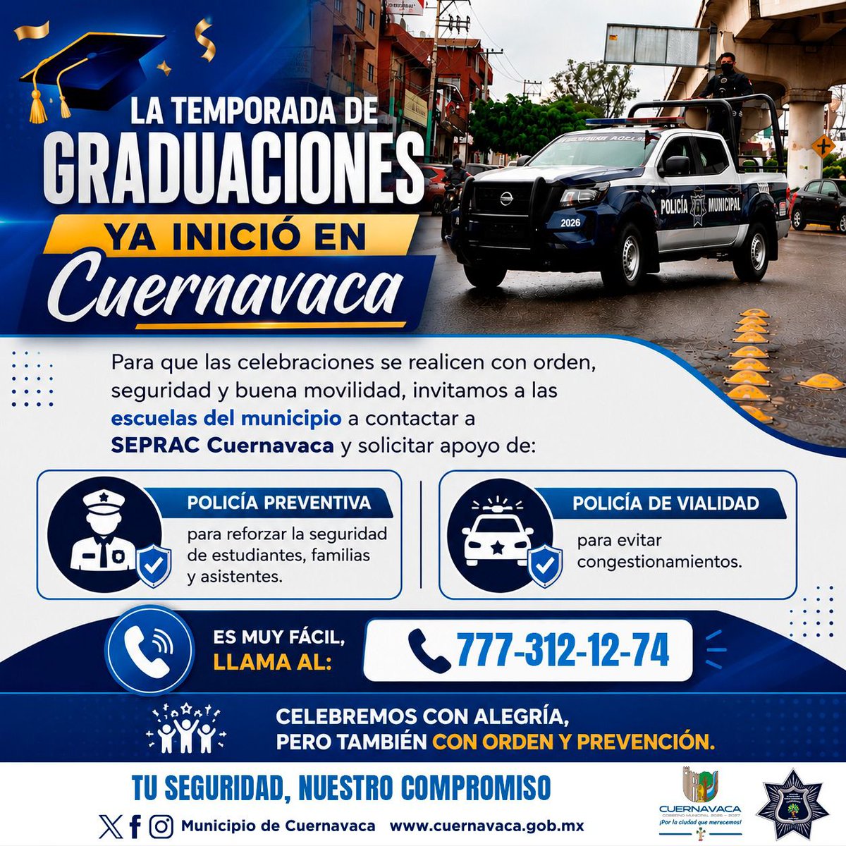 24_morelos's tweet photo. SEPRAC REFUERZA COORDINACIÓN CON ESCUELAS PARA GARANTIZAR SEGURIDAD EN GRADUACIONES

Con motivo del inicio de la temporada de #graduaciones y ceremonias de #clausura en #Cuernavaca, la Secretaría de Protección y Auxilio Ciudadano (#SEPRAC) hace un atento llamado a las instituciones educativas del municipio para que soliciten el apoyo de las corporaciones de seguridad y vialidad durante la realización de sus eventos.

El objetivo es garantizar que las celebraciones se desarrollen en un ambiente seguro, ordenado y con una adecuada movilidad para estudiantes, docentes, madres, padres de familia e invitados.

SEPRAC pone a disposición de las escuelas el apoyo de la Policía Preventiva, para reforzar la seguridad antes, durante y al término de las #ceremonias, así como de la Policía de Vialidad, para agilizar la circulación vehicular, prevenir congestionamientos y brindar seguridad a peatones en las inmediaciones de los planteles o sedes de los eventos.