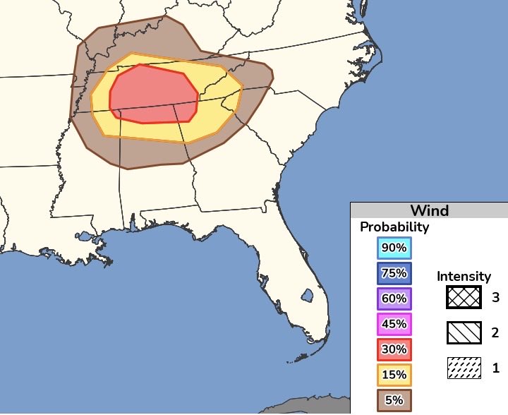 MaddieWeather's tweet photo. POSSIBLE SEVERE WX TODAY: Areas of middle TN are currently under a slight risk (level 2/5) for severe weather today. We also have areas of middle TN under 15% (yellow) and 30% (red) for strong winds today. 

The threats that we will experience today come from a phenomenon called wet microbursts. Microburst threats generally occur when a rush of cool air, called a downburst, descends from a thunderstorm. This can produce heavy rain, hail, damaging winds, and localized flooding.

Today, the main threats are heavy downpours, winds up to 70 mph locally, and hail. With CAPE values at BNA around 2100 J/kg, storms will develop quickly, so make sure to have an umbrella or rain jacket on hand! 

Timing will be from 3 pm into the evening.

#middleTN #weather #microburst #heavyrain #wind #hail #severeweather
