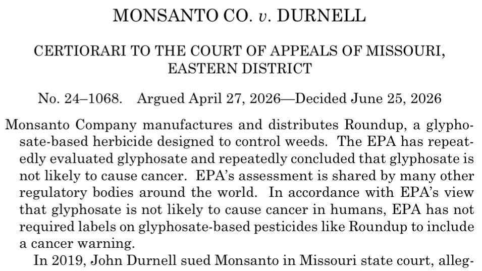 BeefMaps's tweet photo. 🚨 BREAKING: The Supreme Court just handed Bayer immunity.

7-2. Same week regenerative agriculture got a research order with no new funding attached.

Read that timeline again. The chemical company got a legal shield. The farmers got a study.

Glyphosate lawsuits are functionally over.

FIFRA preemption means state failure-to-warn claims are dead. Meanwhile the “MAHA win” everyone’s celebrating changes nothing about what’s legal to spray tomorrow.

This is what winning looks like when your industry is big enough to lose the headline and keep the market.