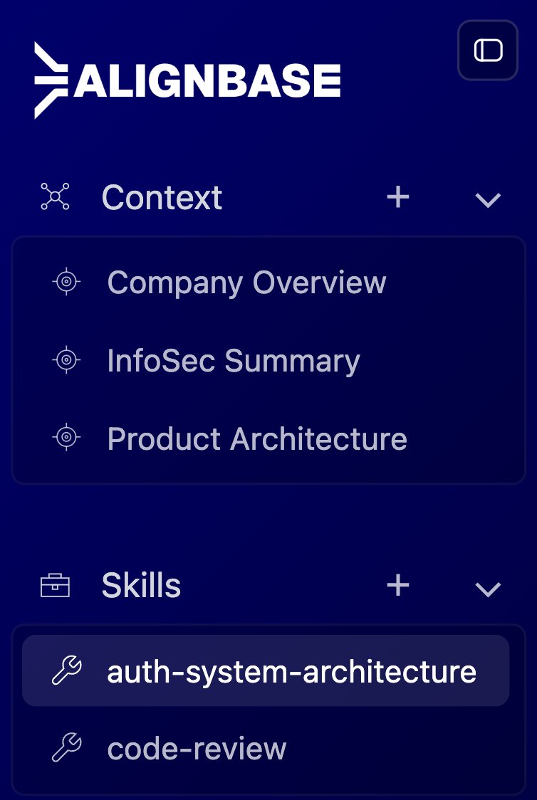 AbeWheeler5's tweet photo. Introducing the Alignbase Skills repository! With Skills, Alignbase is the place for teams to collaborate on ALL shared context, from the context your team's agents MUST use (like AGENTS .md) to the context they CAN use (Skills). @sunpeak_ai https://t.co/Ej8EWWEEhN