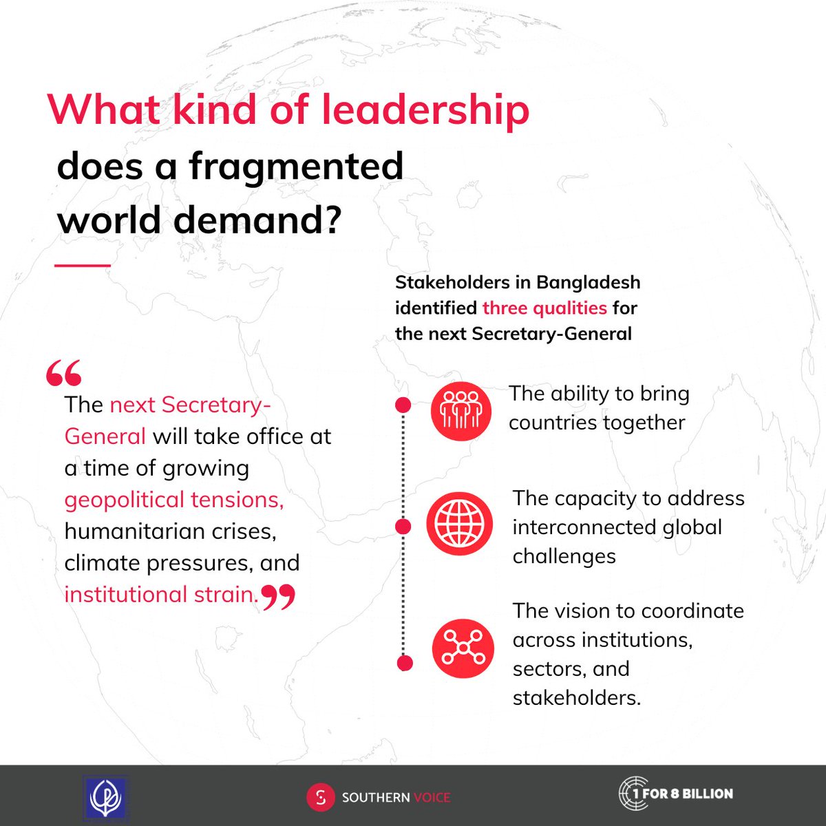 SVoice2030's tweet photo. 🇺🇳What does Bangladesh’s experience tell us about the future of @UN leadership?

Three decades of women in top political leadership show that representation matters, but does not automatically remove barriers to power.

A new @cpdbd1993 brief, produced with Southern Voice as part of the @1for8Billion campaign, explores what this experience can tell us about leadership, legitimacy, and access to power as the UN prepares to select its next Secretary-General.

📘https://t.co/nYcraKkz8E
 
📖 Read the other policy briefs, and our full campaign Synthesis Report: https://t.co/bfu2KuVqk5