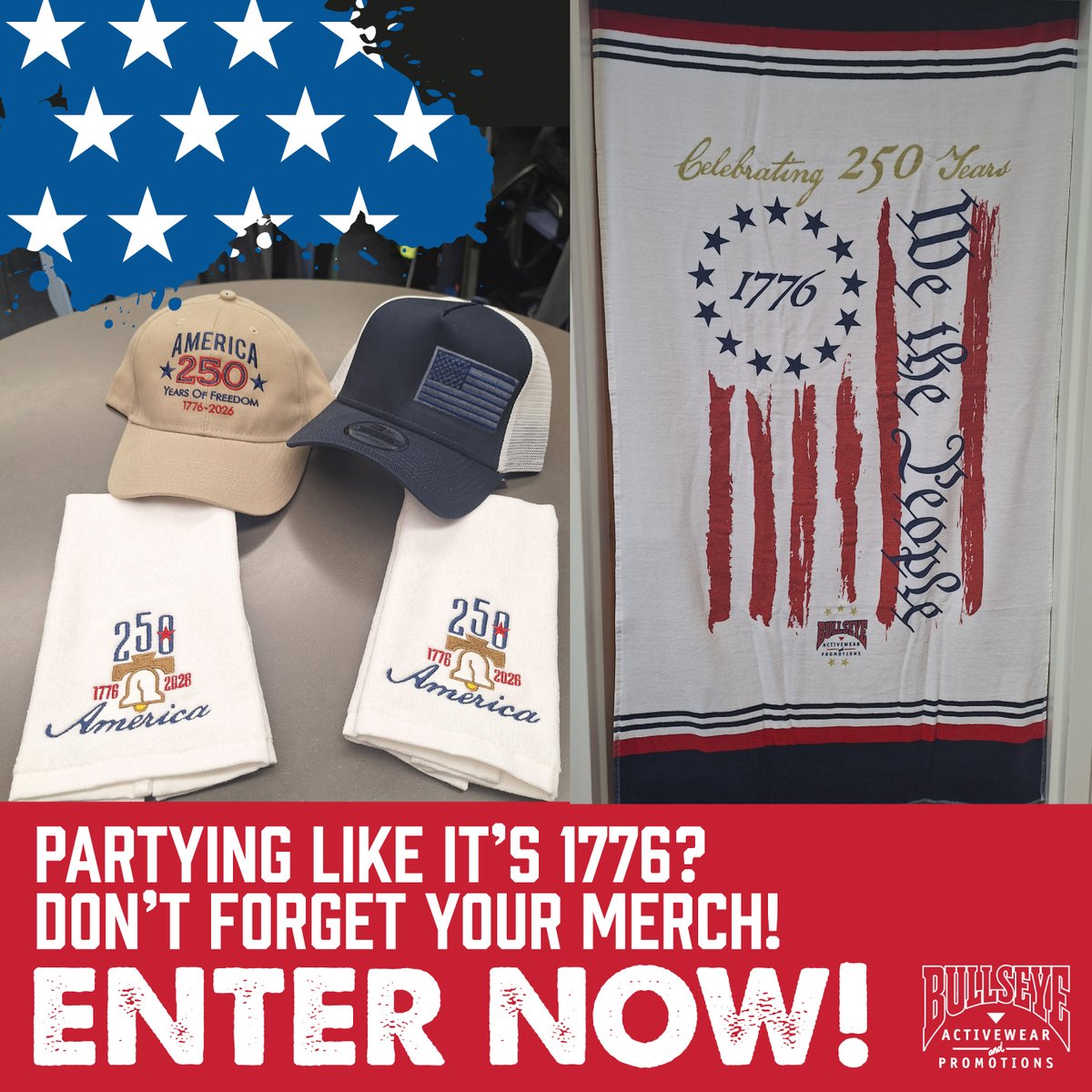 BullseyeActive's tweet photo. GIVEAWAY TIME!

Partying like it's 1776? Well, you can't forget your merch, and Bullseye is here to help! 

Like, comment, and repost for a chance to win some Fourth of July goodies in honor of 250 years 🇺🇸🎇 https://t.co/M3o260MimK