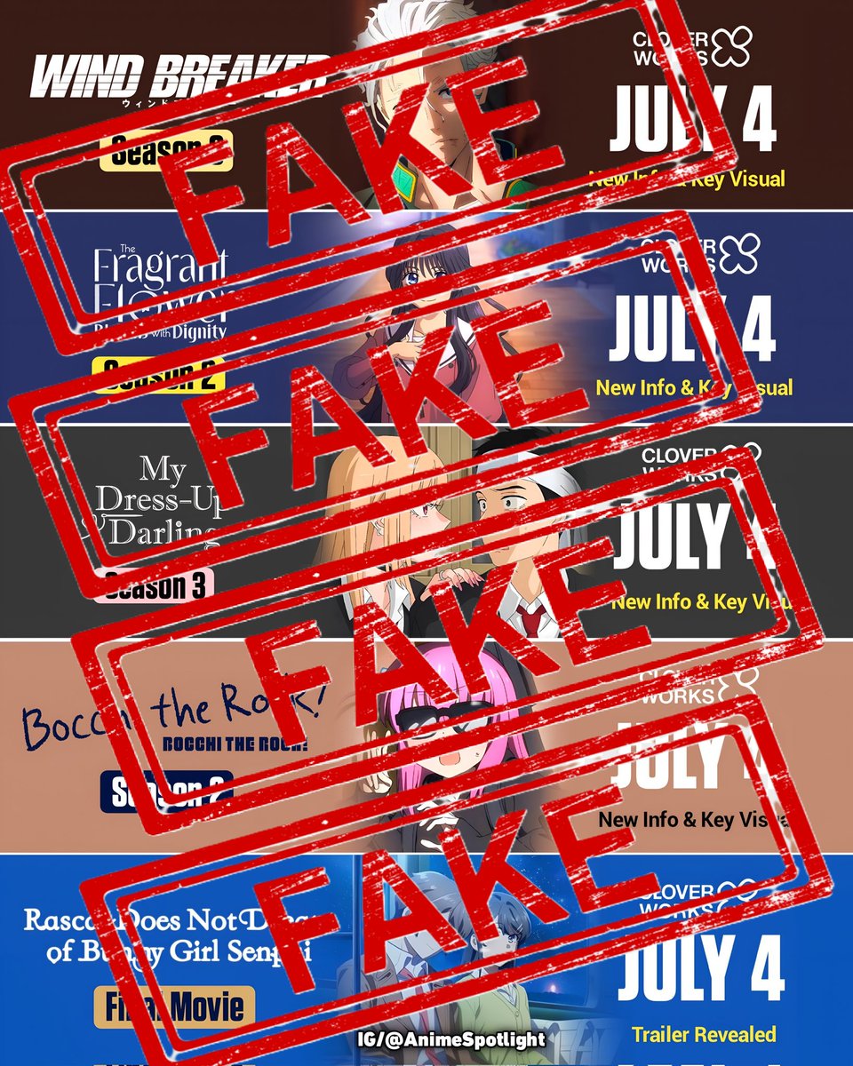 BocchiTheNews's tweet photo. Today is Anime Expo and Cloverworks panel will be on 4 July.

However we would ask you to not expect the panel to contain any of their popular titles, let alone Bocchi the Rock!.

Any sources that claim these titles will be having "big announcements" are considered fake news. https://t.co/ihqSFvzaZt