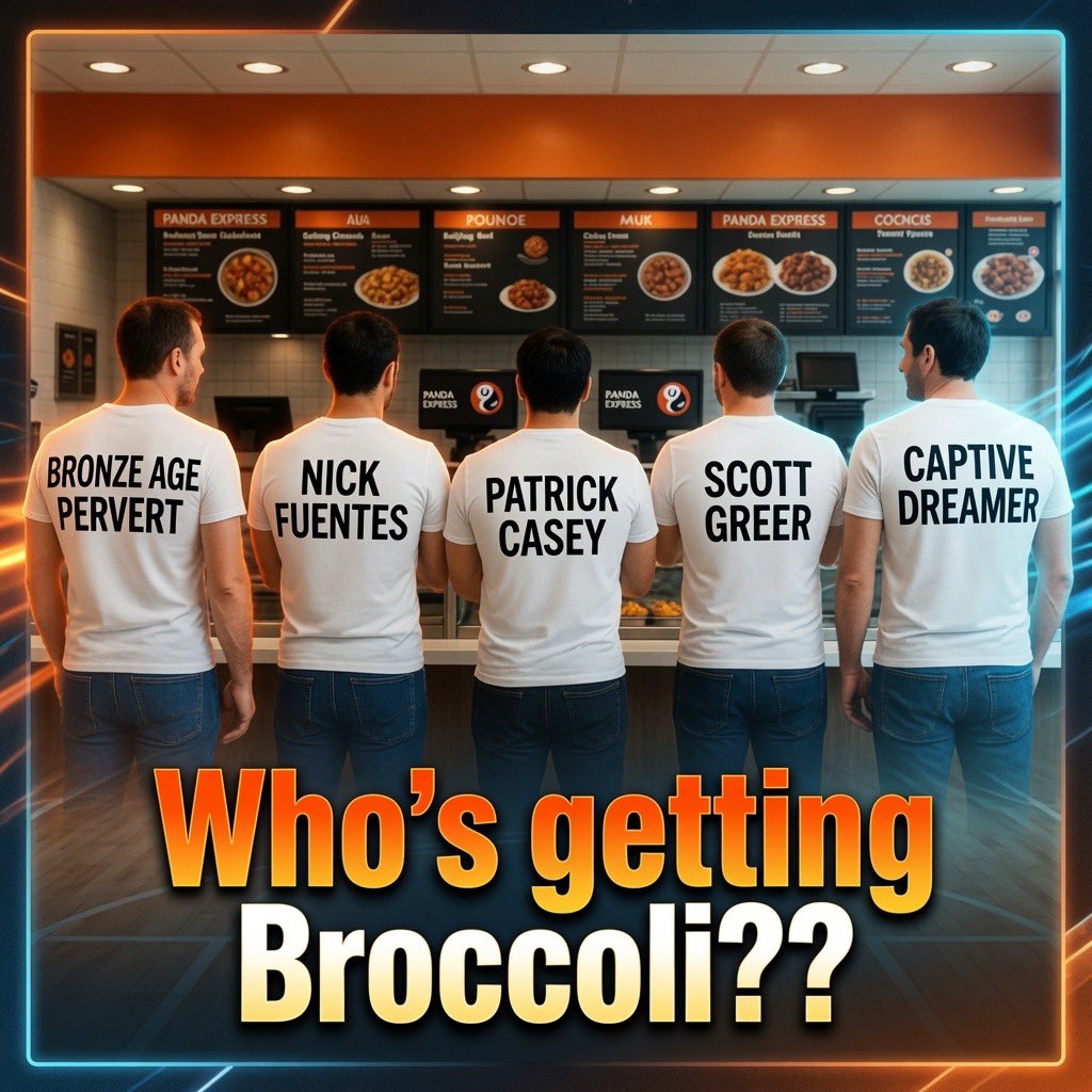 BAPingLoud's tweet photo. Five RW Twitter Influencers are in line at Panda Express. Only Four Portions of Orange Chicken are left. Who’s getting Broccoli Beef? https://t.co/W8HY60pkRT