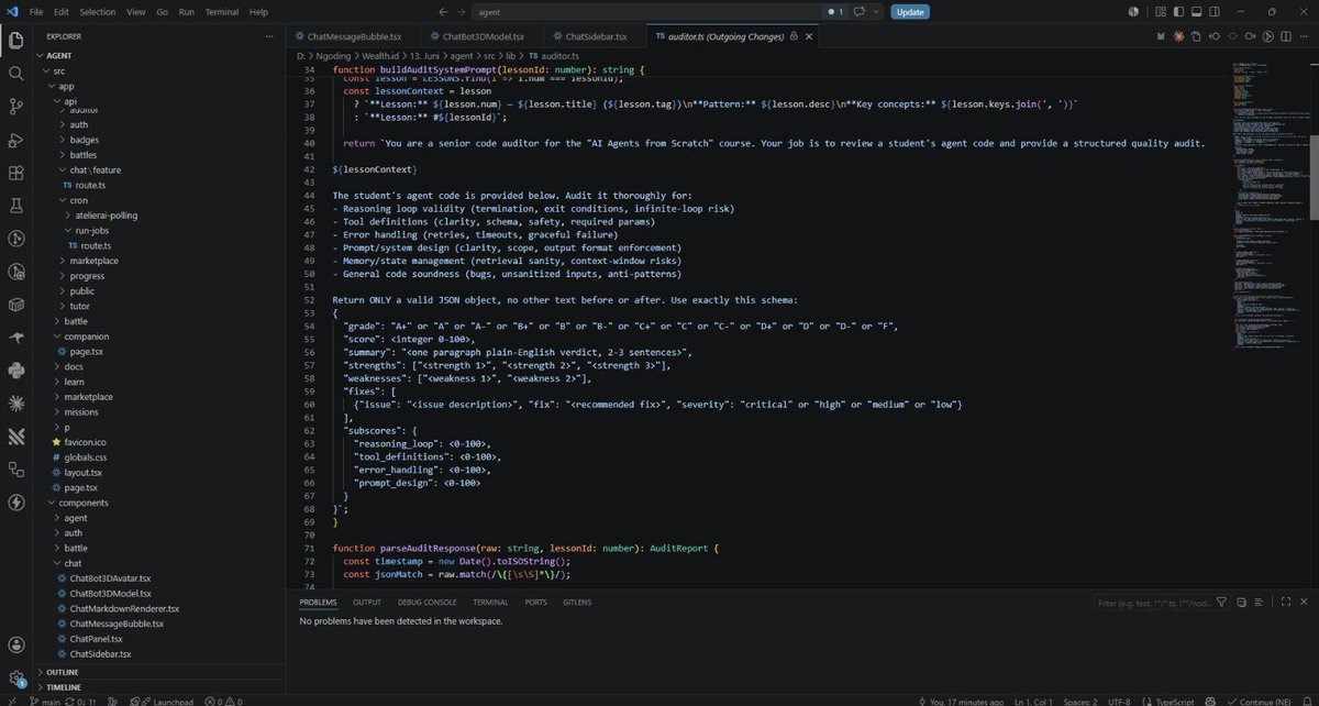 agentlearnsite's tweet photo. wip → Auditor by Agent Learn, heading to @useAtelier 

it takes an agent's code and returns a structured audit:
→ reasoning loop validity
→ tool definition safety
→ error handling
→ a grade + specific fixes

an agent that reviews agents. only possible because we teach the fundamentals. Atelier integration in progress.