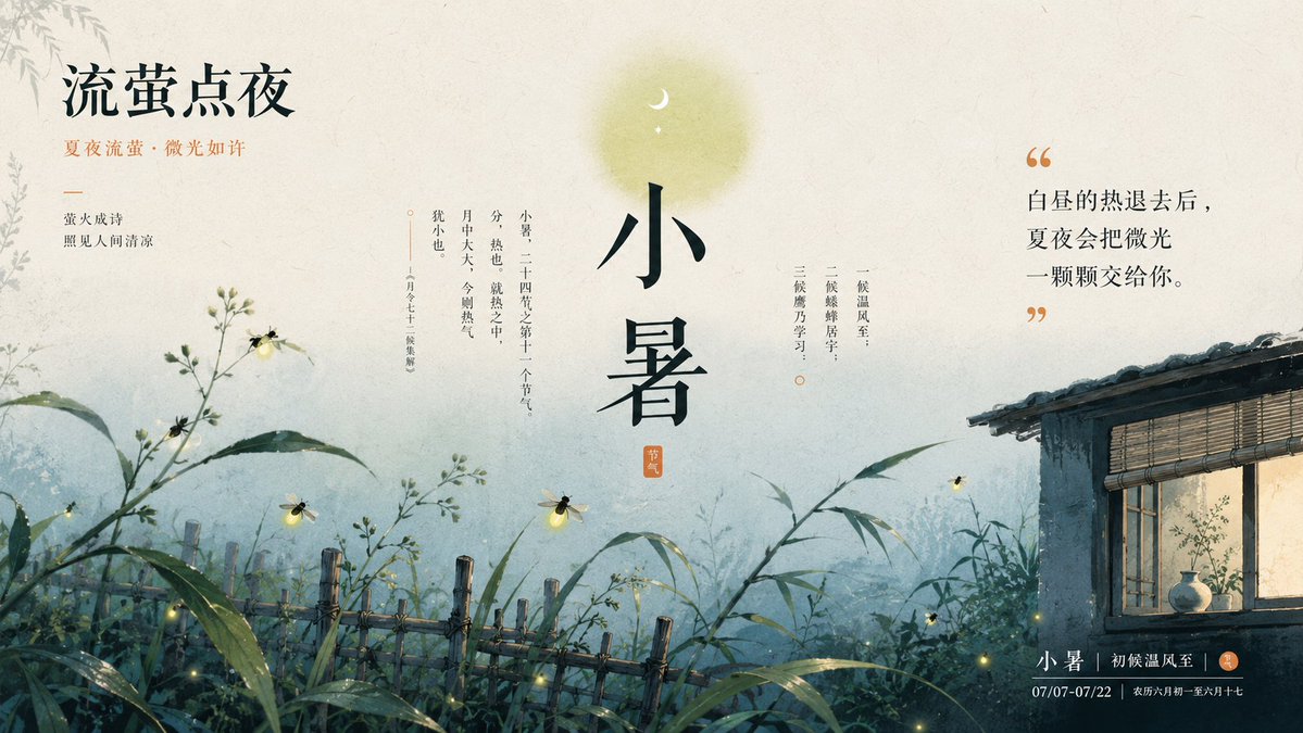xiaoxiaodong01's tweet photo. 围绕任意主题对象生成一张清透、有仪式感的图文视觉：画面先以大面积高明度留白建立呼吸感，背景分成上下两个轻微明度差的平静色场，带细腻纸面颗粒但保持干净通风。主题对象不做满铺，而以精细手绘主形体进入画面下方视觉重心，局部被放大、枝蔓式延展或由主题材料自然伸出，让主体像从信息版面里生长出来；再设置一个较小的方向性符号悬停在上方或侧上方，与淡化圆形色块形成轻微压叠，制造从静态信息到轻盈动势的第一眼转折。文字是画面骨架：一组大号中文纵向主标题承担最重视觉重量，另一组较粗的主题名或日期信息在相对空处形成庄重停顿，细小说明文字以窄行距、竖排或紧凑短行穿插其间，底部可放极简索引式信息条，所有文字保持克制、疏朗、可读，不喧宾夺主。色彩从主题自身的季节、材质、情绪与文化信号中提取，映射为明亮底色、柔和主体色、清晰结构深色、低饱和支撑色和少量醒目强调色；保持高明度、清透、温暖有生气的情绪，强调色只用于最关键的视觉节点，深色主要服务文字和细线结构，纹理与阴影轻薄透明，避免脏灰、厚重复古或浑浊滤镜。整体质感是东方节令画册与当代信息排版的结合，插画精细、边缘清楚、层次轻，留白让文字和图形彼此牵引，最终效果应像一张可收藏的主题纪念页，而不是普通插画拼贴。

————
本次主题： 各种风格的 小暑节气海报，融合不同的小暑元素

连续生成10张图片，每张都是不同的小暑主题、插画逻辑，还有金句逻辑，还有配色和排版逻辑

类似于ppt，生成10张，确保彼此的排版差异
比例16:9