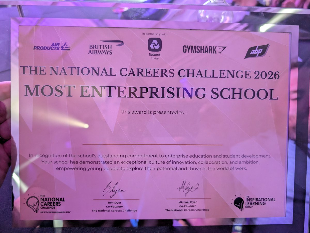 FredLongworth's tweet photo. Our school representatives travelled to Telford today to take part in The National Careers Challenge 2026. They performed amazingly well and we have been presented with the Most Enterprising School nationally!

An amazing achievement and well done to the team! https://t.co/AUGEYAhpoC