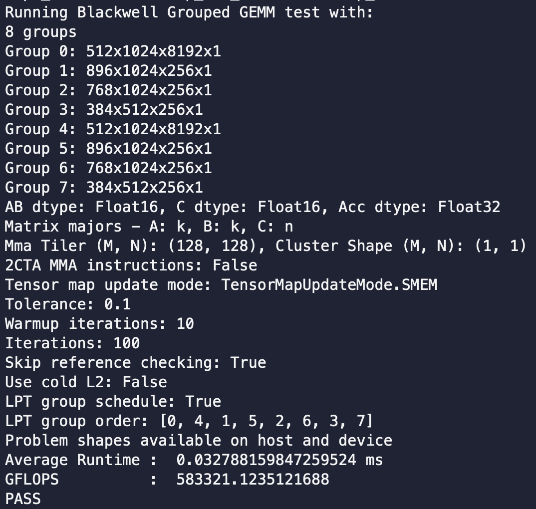 SubhoGhosh02's tweet photo. FA4's SingleTileLPTScheduler exploits that causal attention work grows with block index, so it just visits blocks in reverse (block = num_block - 1 - block).

So why not try something similar on grouped gemm! In grouped GEMM the analog is that a tile's mainloop time is proportional to its group's K, and StaticPersistentGroupTileScheduler visits tiles in group-metadata order. So LPT = order groups by descending K.

Result is 1.74x speedup in grouped gemm, just by sorting the scheduling path.