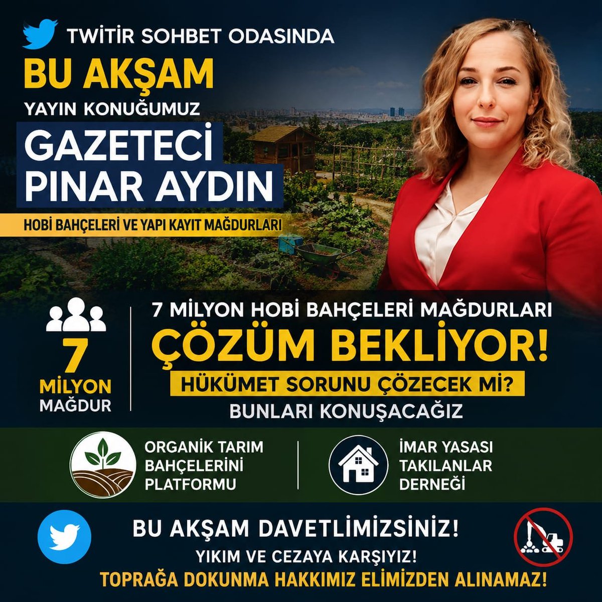 Ebuhamza22's tweet photo. Bu akşam saat 22.00’de hobi bahçeleri ve yapı kayıt mağdurları yayin konuğu gazeteci @pinaryaziyor olacaktır herkesi bekliyoruz @murat_kurum yapı kayıt güncellemesi yapacakmı 8milyon insanın mağduriyeti çözülecek mi herkesi bekliyoruz #8MilyonunEviniYıkma @diyadinosman @haciykk https://t.co/o68hoxX5vl