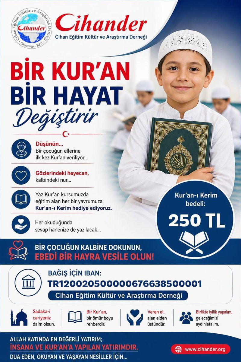 Cihander27's tweet photo. Yaz Kur'an kurslarımızda eğitim gören yavrularımıza hediye edeceğimiz her Kur'ân-ı Kerim, onların hayatına dokunurken, hayrın ve sevabın da sizlere ulaşmasına vesile olacaktır.
🤲 250 TL'lik bağışınızla bir evladımızı Kur'ân-ı Kerim ile buluşturabilirsiniz. https://t.co/Qk1BfypFIR