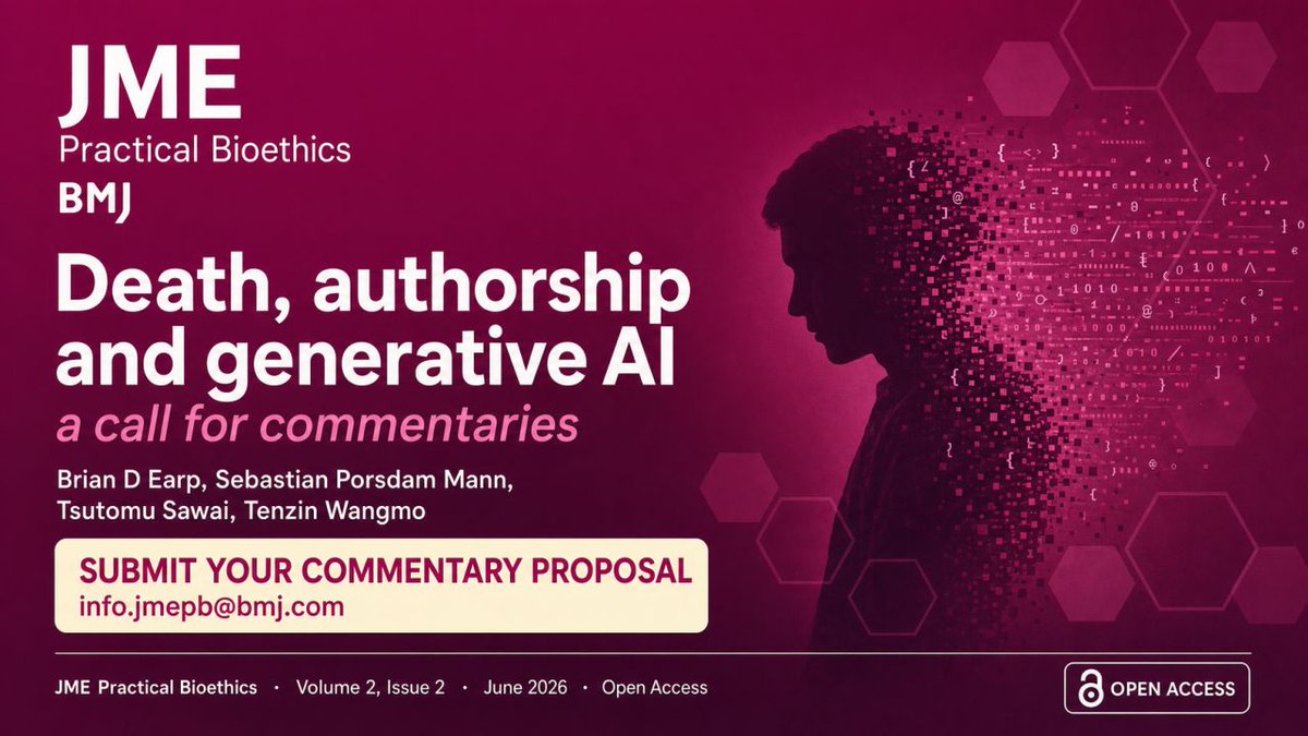 JME_BMJ's tweet photo. 🚨CALL FOR COMMENTARY @ JME Practical Bioethics 🚨

Death, authorship and generative AI
🔗 https://t.co/WOQxoJpDnv https://t.co/KcPR9yGpyL