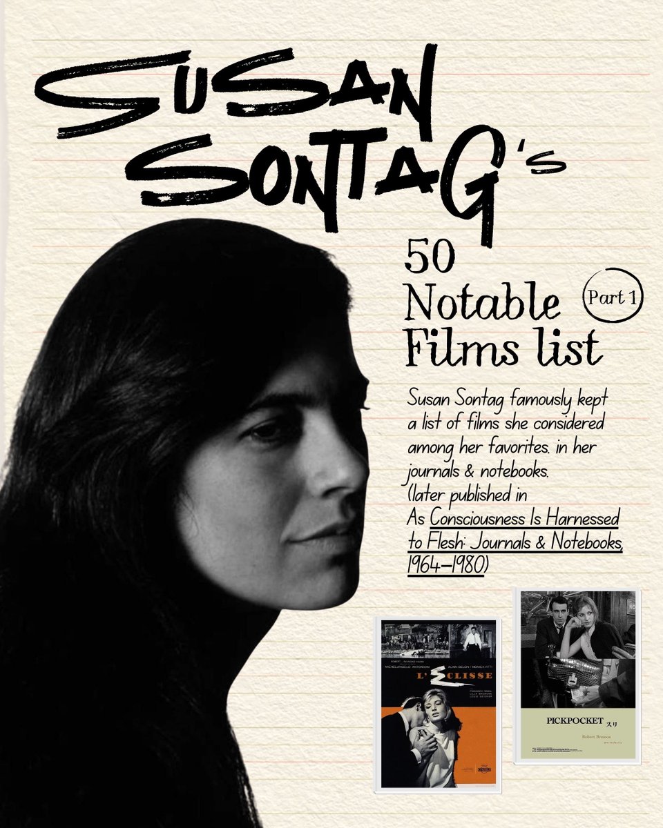 Edvangelion_'s tweet photo. Susan Sontag was an obsessive list-maker, and her diaries in As Consciousness Is Harnessed to Flesh contain vast registers of books to read, words to memorize, and films to watch.

Here are the 50 films (not in order) Susan Sontag championed as the pinnacle of cinema. https://t.co/3STiyVfBKy