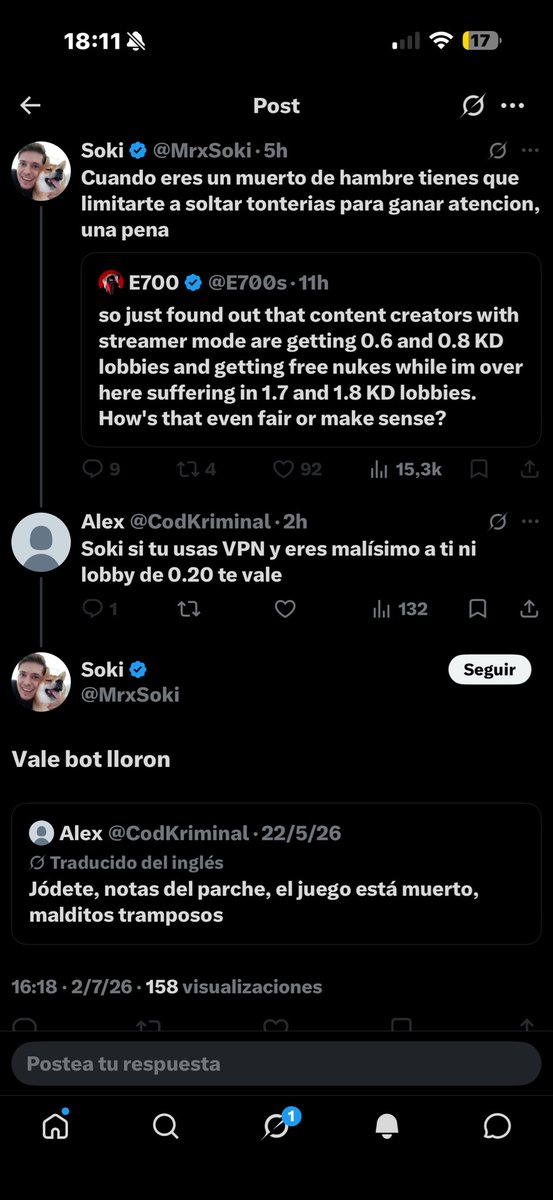 CodKriminal's tweet photo. Aquí el único bot llorón que hay eres tú, que no paras de llorar en todas tus partidas que todos son chetos, nadie te puede matar porque es cheto, niño rata y encima con vpn y encima cuando se te dice algo que no te gusta bloqueas NIÑO RATA @MrxSoki https://t.co/v1GZImZazd