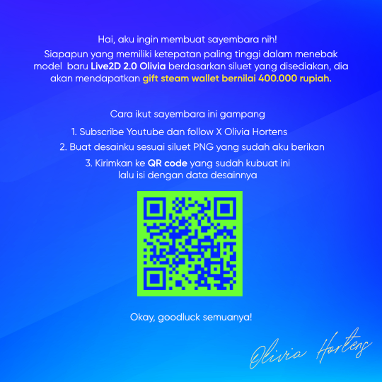 OliviaHakase's tweet photo. 💚Hello Hootensia dan warga X!!💚

Aku mengadakan Art Contest untuk kalian ikuti!
Bagi yang dapat memberikan tebakan paling tepat, akan diberi hadiah VOUCHER STEAM sebesar 400.000 Rupiah!!!

Syarat dan ketentuan tertera dalam QR code. 
Pertanyaan bisa diajukan ke discord : tnknhn https://t.co/GvuvANVmiX