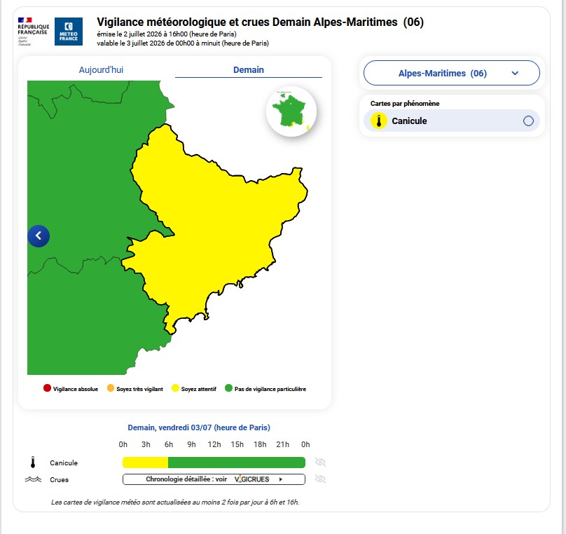 prefet06's tweet photo. ℹ Point Météo- Fin de la VIGILANCE CANICULE dès vendredi 3 juillet 6h ℹ

Météo-France abaisse le niveau de la vigilance canicule en cours dans le département des Alpes-Maritimes.  

➡ A compter de vendredi 3  juillet 6h, nous repassons VERT. https://t.co/Unu5W76664