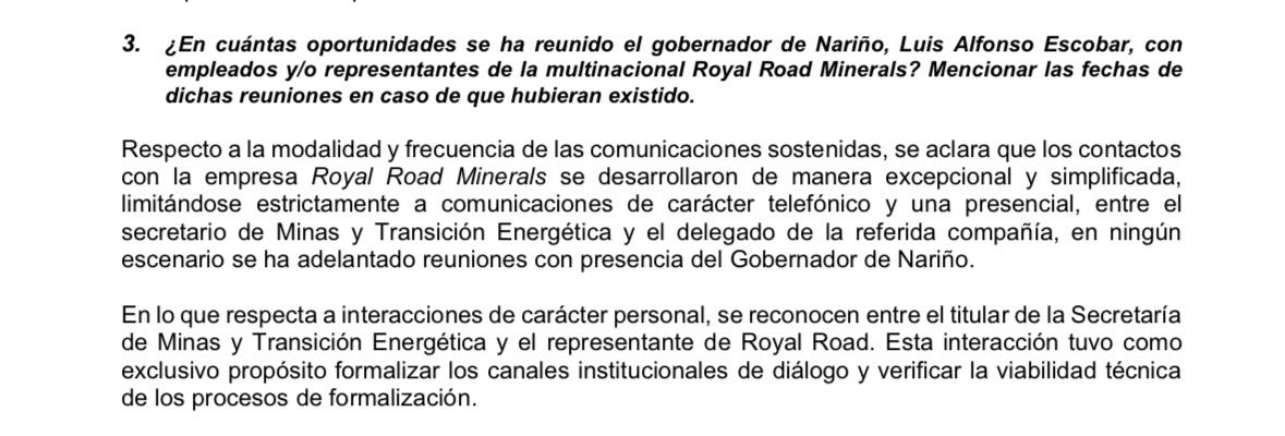 ajidemani's tweet photo. En respuesta a un derecho de petición que radiqué, Plinio Pérez negó que el gobernador @LuisAlfonsoEsc se haya reunido con representantes de Royal Road Minerals. Además, Pérez aseguró que toda la gestión la hizo él a través de llamadas telefónicas y una reunión presencial. https://t.co/dQ5s1i69Ex