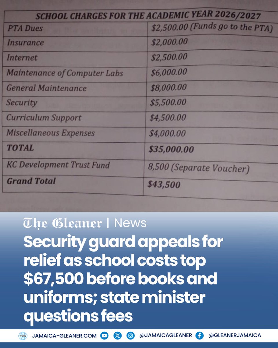 JamaicaGleaner's tweet photo. A security guard is appealing for greater consideration for struggling parents after being confronted with more than $67,500 in school-related expenses for one of her children.

Read more: https://t.co/Do3iZqYLuU #GLNRToday https://t.co/pIbWhoW1NT