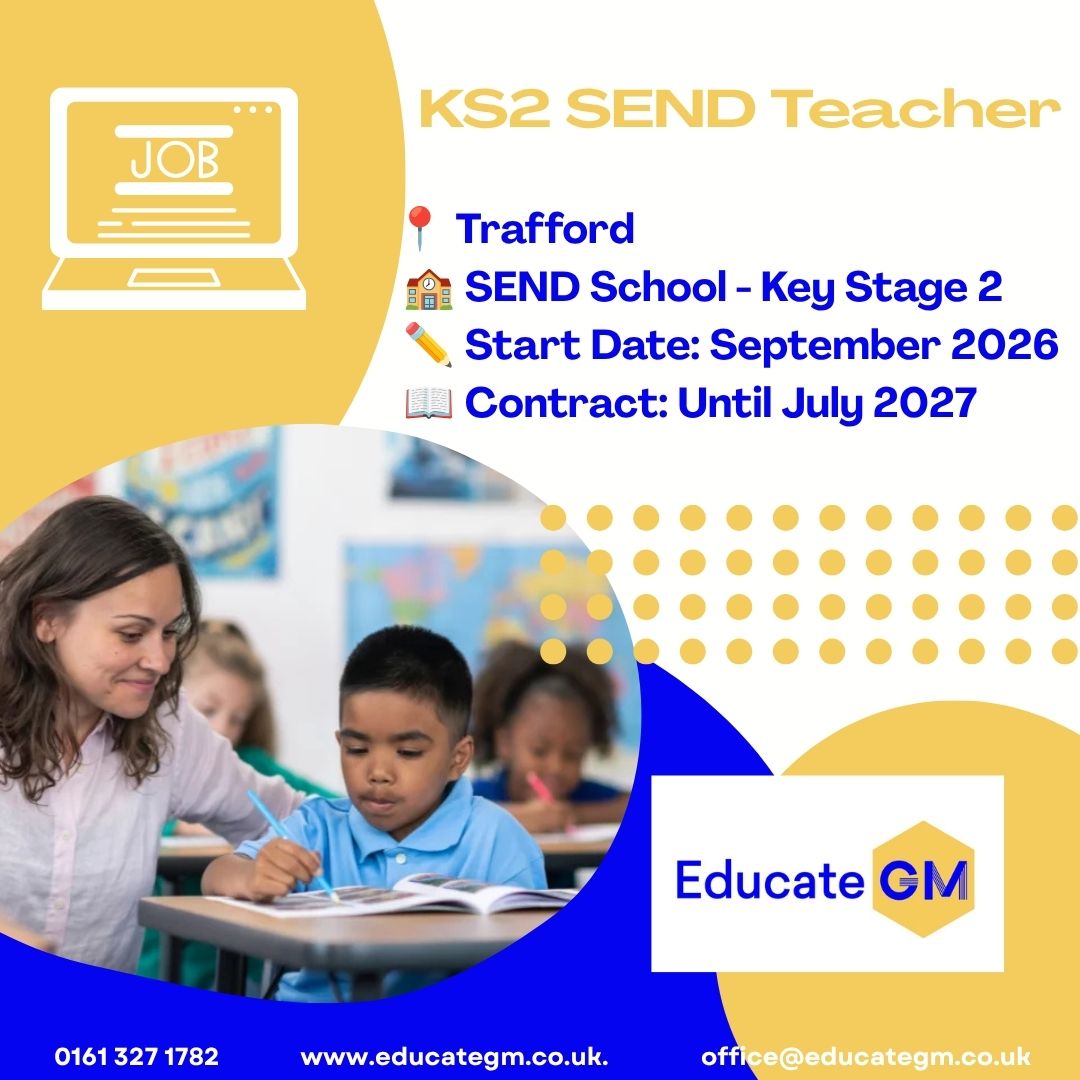 EducateGM's tweet photo. 🎒 New Role Alert!

We have an exciting opportunity for a KS2 SEND Teacher to join a specialist SEND school in Trafford!

📍 Trafford
🏫 Setting: SEND School - Key Stage 2
✏️ Start Date: September 2026
📖 Contract: Until July 2027

#EducateGM #WeHelpSchoolsExcel #SENDTeacher https://t.co/dfoLidnr4Y